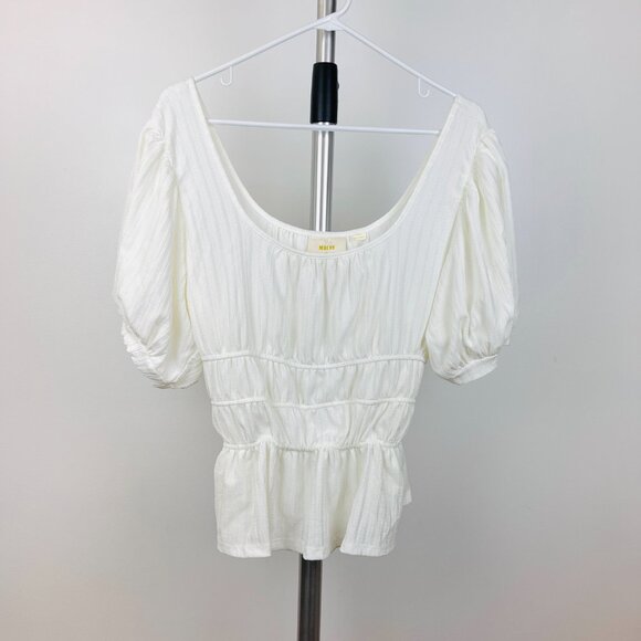 Sz XL- NWT Maeve Anthro Cream Romantic Puff Sleeve Ruched Waist Milkmaid Top - Picture 2 of 11